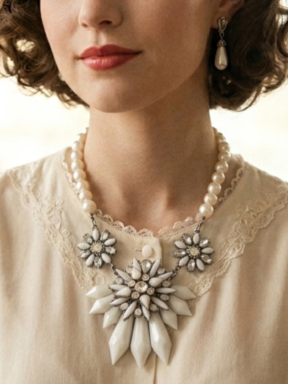 Vintage Costume Jewelry Pearl Rhinestone Necklace